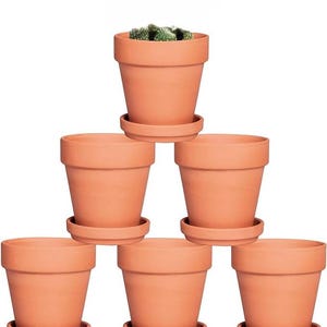 May include: A collection of six terracotta-colored plant pots, each with a matching saucer. One pot is filled with a small green plant. The pots are arranged in a pyramid shape, showcasing a classic design for indoor or outdoor gardening.