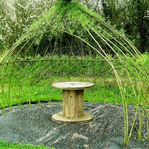May include: A natural outdoor structure made of woven green branches, forming an arched enclosure. Inside, a round wooden table sits on a black surface. The structure is surrounded by green grass and foliage, creating a rustic garden feature.
