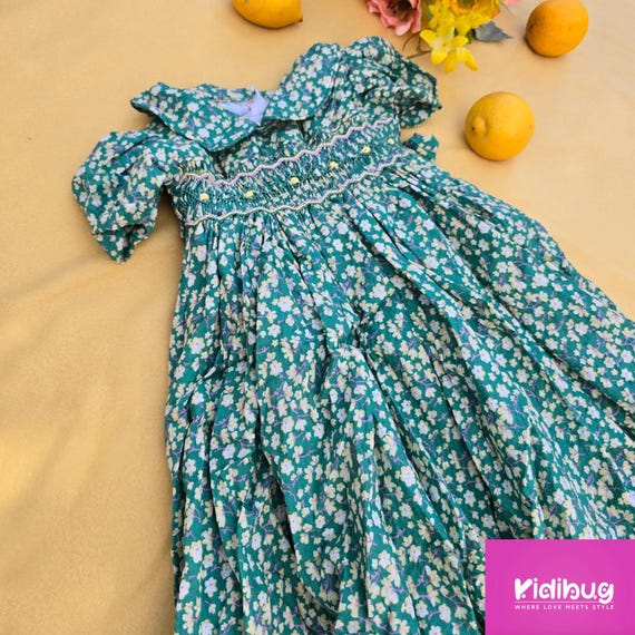 Smocked Baby Girl Dress - Green Floral, Peter Pan Collar Party Dress