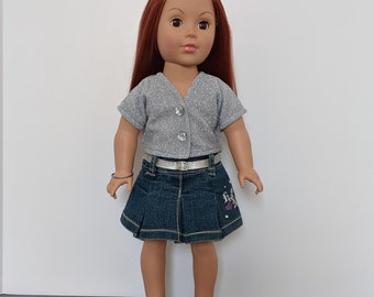 Silver Sweater, Pleated Denim Skirt, Silver Bracelet, and Silver Ballet Flats for 18 Inch Dolls