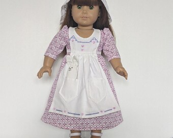 Regency Style Dress, Apron, Pantalettes, Bonnet, Shoes, and Scarf for American Girl and Other 18 Inch Dolls