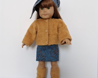 Faux Fur Jacket, Boots, Embroidered Denim Skirt and Hat for 18 Inch Dolls