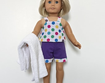 Tankini Top, Board Shorts, Water Shoes, Beach Towel and Hair Clip for American Girl and Other 18 Inch Dolls