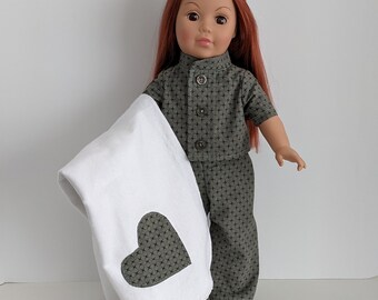 Classic Button-down Pajamas with Appliqued Blanket for American Girl and Other 18 Inch Dolls