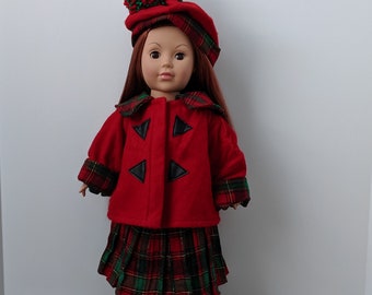Red and Green Dress, Coat and Hat for 18 Inch Dolls
