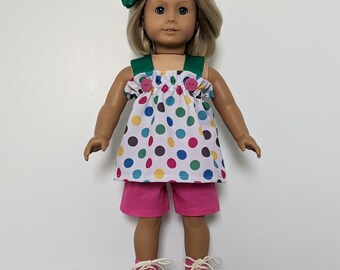 Summer Shorts, Top, High Tops, and Hair Bow for American Girl and other 18 Inch Dolls