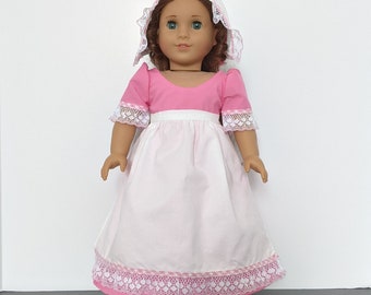 Regency Style Dress, Apron, Pantalettes, Scarf, and Shoes for American Girl and Other 18 Inch Dolls