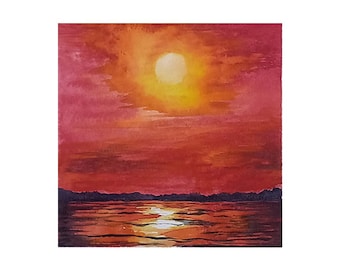 Origineel aquarel schilderij – zeegezicht met rode zonsondergang en reflecties op het water, handgeschilderd, 15x15 cm (5,9" × 5,9")