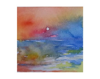 Origineel aquarel schilderij – kleurrijk zeegezicht met zonsondergang boven het water, handgeschilderd, 15x15 cm (5,9" × 5,9")