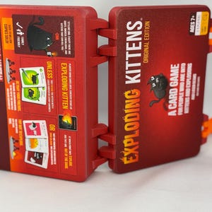 Custom 3D-printed storage box for Exploding Kittens. Holds cards securely with a built-in divider, doubles as a deck and discard holder. UV-printed artwork ensures crisp, vibrant designs. Perfect for organising and upgrading your game night setup.