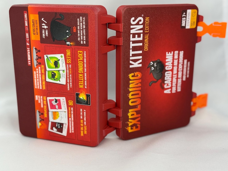 Custom 3D-printed storage box for Exploding Kittens. Holds cards securely with a built-in divider, doubles as a deck and discard holder. UV-printed artwork ensures crisp, vibrant designs. Perfect for organising and upgrading your game night setup.