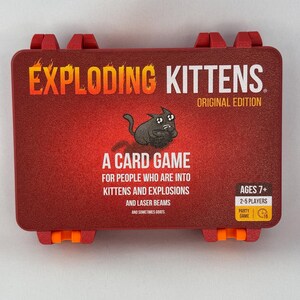 Custom 3D-printed storage box for Exploding Kittens. Holds cards securely with a built-in divider, doubles as a deck and discard holder. UV-printed artwork ensures crisp, vibrant designs. Perfect for organising and upgrading your game night setup.