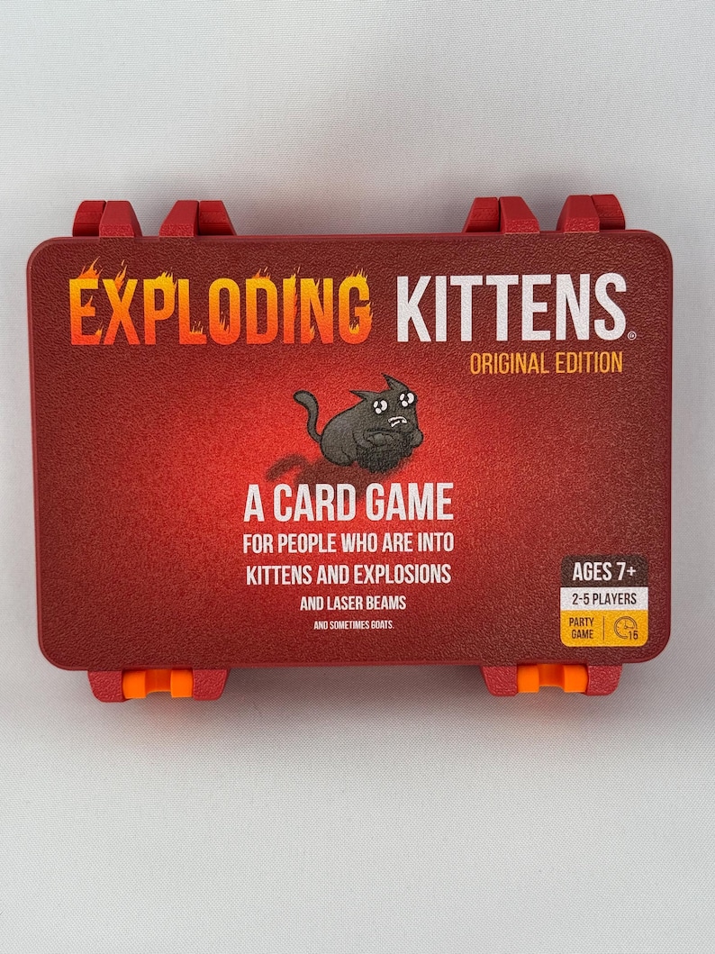 Custom 3D-printed storage box for Exploding Kittens. Holds cards securely with a built-in divider, doubles as a deck and discard holder. UV-printed artwork ensures crisp, vibrant designs. Perfect for organising and upgrading your game night setup.