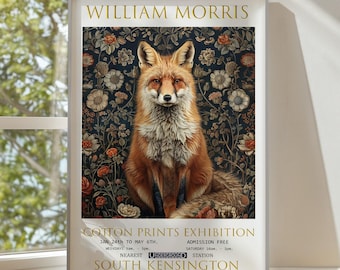 Impressão artística de raposa, pôster floral em estilo William Morris, decoração de parede vintage com tema de floresta.