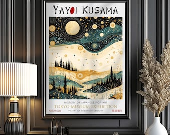 Póster con imagen de Yayoi Kusama: Luna y estrellas en el bosque