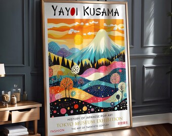 Grafika: Yayoi Kusama, Góra Fuji, Kolorowy pejzaż japoński, sztuka ścienna