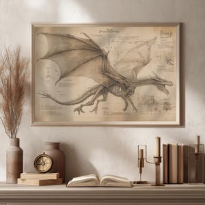 Póster de esqueleto de dragón: ilustración científica de anatomía fantástica vintage, arte paleontológico, criatura mítica, dibujo anatómico a lápiz