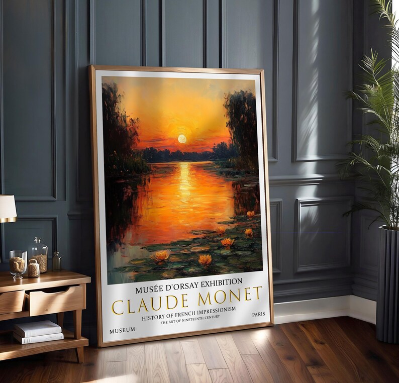 Impression Claude Monet nénuphars : art vintage paysage coucher de soleil image 3