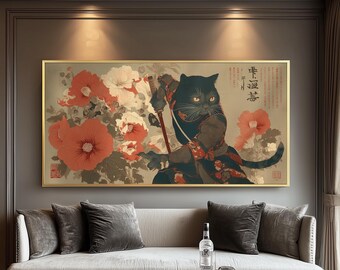 Samurai Cat Art Print: Ukiyo-e Woodblock, Japanese Floral Décor