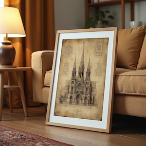 Gothic Cathedral Blueprint Poster – Vintage Architectural Illustration, Technical Drawing , Antique Architectural Plans ,Church Blueprint