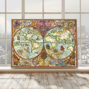 May include: A framed vintage world map, featuring two hemispheres with continents and oceans in muted tones. The map is adorned with sailing ships, compass roses, and floral borders. The text "MAP of WORLD" is displayed across the top of the map.