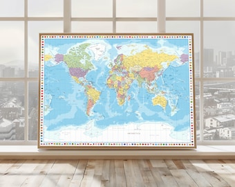 Poster: Political World Map with Country Flags, Educational Print