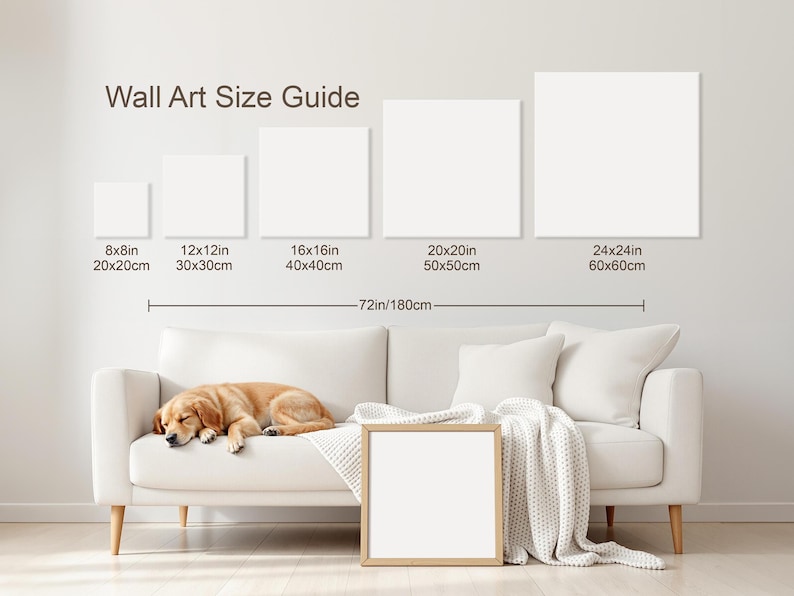 May include: A wall art size guide displays various square canvas sizes: 8x8in, 12x12in, 16x16in, 20x20in, and 24x24in. A golden retriever rests on a white sofa with a blanket and a framed canvas. The total width is 72 inches.