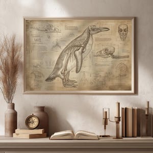 Póster de pingüino: ilustración científica de esqueleto de anatomía animal vintage, arte mural zoológico, decoración mural de fósiles, dibujo anatómico a lápiz
