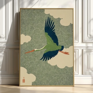 Japanese Crane Flying Clouds Print, Woodblock Style Poster