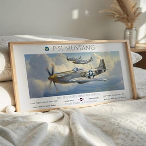 WWII P-51 Mustang Fighter Plane Art Print – Vintage USAF Warbird Poster, Military Aviation Wall Décor, Pilot Gift Idea