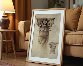 Vintage Roman Pillar Print: Architectural Sketch, Ancient History