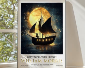 William Morris Print: Vintage Sailboat & Moon Art