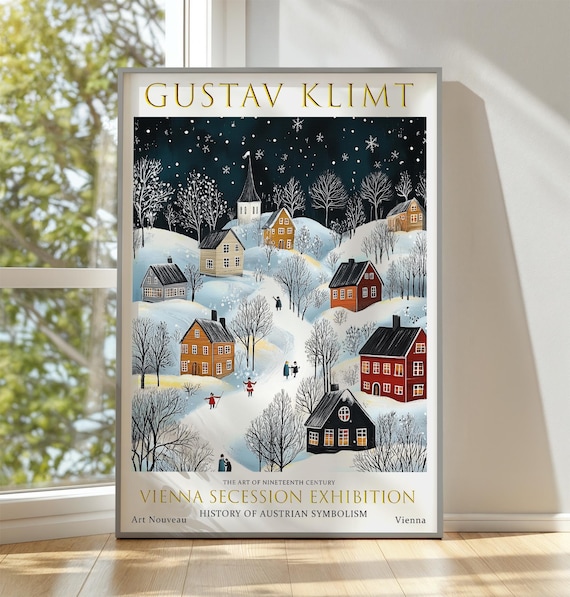 Print: Gustav Klimt Winter Village, Snowy Landscape Art Nouveau Wall Art