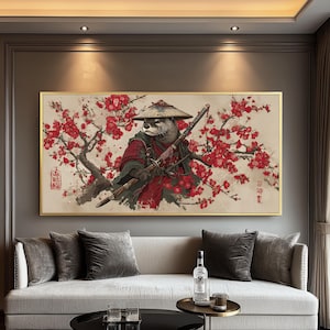 May include: A digital painting of an otter wearing a samurai hat and holding a sword. The otter is standing in a cherry blossom tree with pink flowers. The background is a light beige color. The text "忍耐" is written in black on the left side of the image and the text "己  神  信  頼" is written in black on the right side of the image.