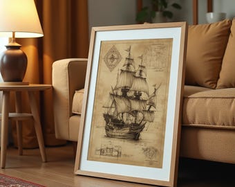 Vintage Pirate Ship Blueprint Art Print: Nautical Architectural Sketch