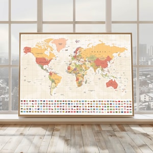 May include: A framed world map with a vintage design. The map has a beige background with countries in different colours. Below the map are rows of national flags. The frame is a light brown colour.
