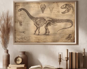 Brachiosaurus Anatomy Print – Vintage Dinosaur Skeleton Scientific Illustration, Palaeontology Wall Art, Anatomy Blueprint, Natural History