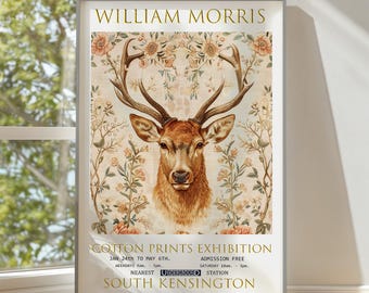 Art mural cerf, affiche William Morris vintage, art mural salon