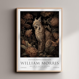 Lynx William Morris Print – Vintage Animal Dark Academia Painting, Botanical Wall Art, Victorian Home/Office Décor ,Baroque, Textile Art