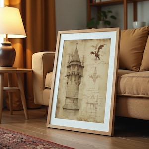 Gothic Castle Tower Print – Vintage Gothic Architectural Sketch, Technical Drawings, Medieval Illustration, Antique Architectural Blueprint