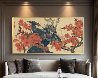 Japanese Samurai Panoramic Print - Japanese Warrior & Cherry Blossom Poster, Japandi Art, Ukiyo-e Décor Artwork for Living Room