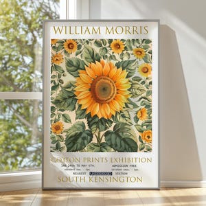Impresión de William Morris, póster de la exposición de William Morris, póster de William Morris, póster vintage, arte textil, arte mural vintage, arte de girasoles