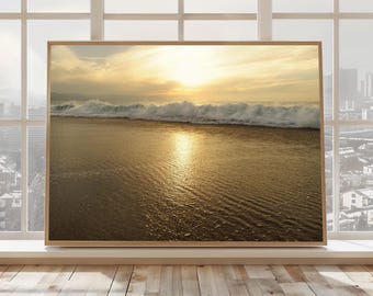 Golden Sunset Ocean Waves Print: Coastal Beach Photography, Home Decor