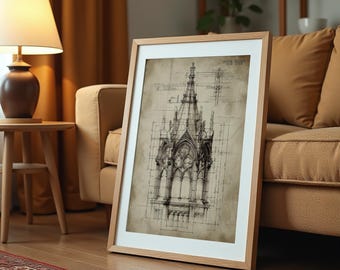 Gothic Turmspitze Blueprint Print: Vintage Kathedrale Architektur Wandkunst