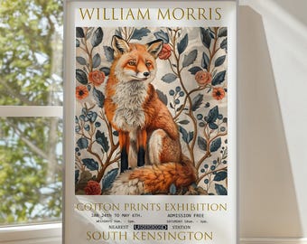 Arte de parede com raposa, pôster de William Morris, estampa floral vintage