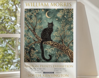William Morris Black Cat Print: Vintage Floral Wall Art