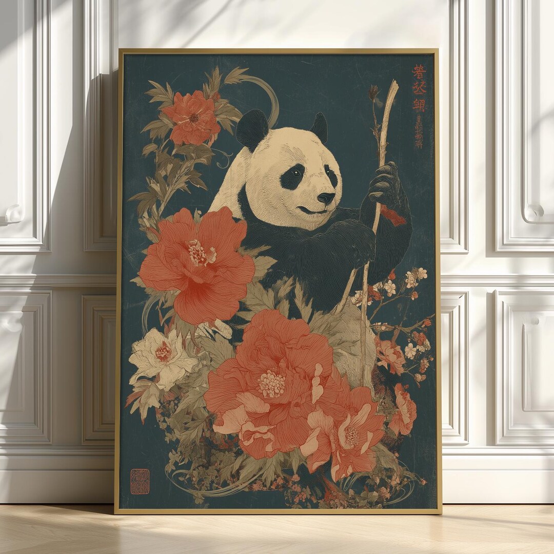 Ukiyo-e Panda Art Print, Japanese Floral Botanical Wall Art - Etsy