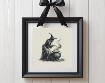 Vintage Witch Stirring Cauldron – Pencil Drawing Witchy Gothic Wall Art