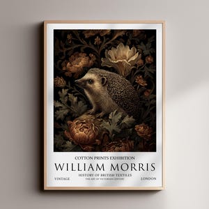 Hedgehog William Morris Print – Vintage Animal Dark Academia Painting, Botanical Wall Art, Victorian Home/Office Décor ,Baroque, Textile Art