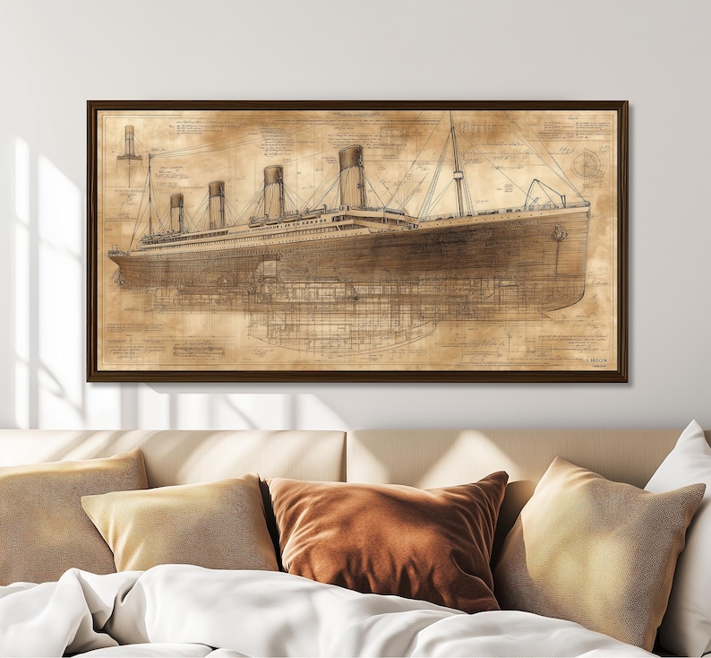 May include: A vintage-style illustration of the RMS Titanic, a passenger liner that sank in the North Atlantic Ocean in 1912. The illustration is in sepia tones and shows the ship's profile, with its deck and hull visible. The illustration is framed in a brown wood frame.